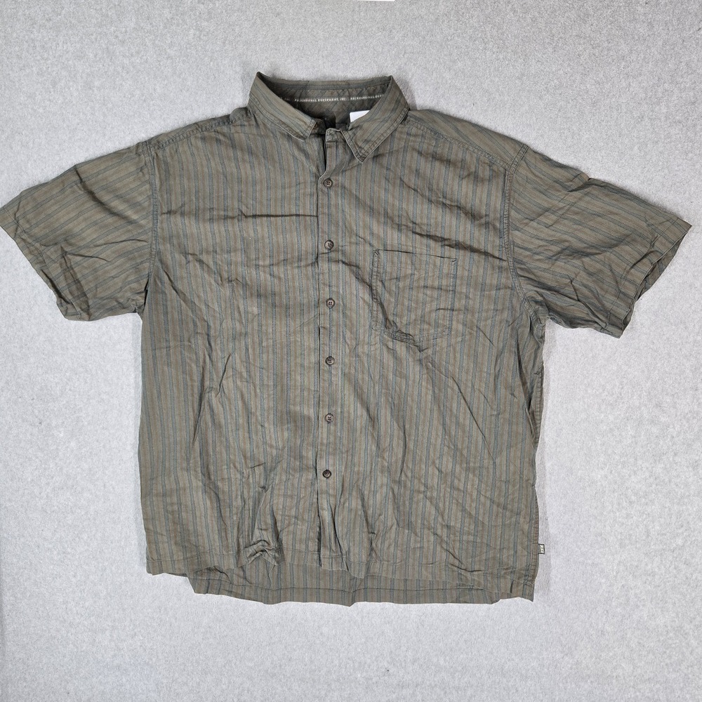 REI Men Button Up Shirt XL Olive Striped Short Sleeve Pockets Hiking Outdoor